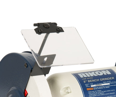Slow Speed 8 Inch Bench Grinder With One Half HP Motor 1750 RPM includes eye shield and label detail