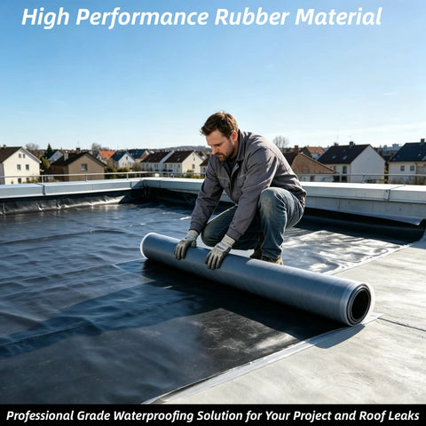 Man installing Fifty Mil Thick Self Adhesive EPDM Rubber Roofing Roll on flat surface for waterproof protection.