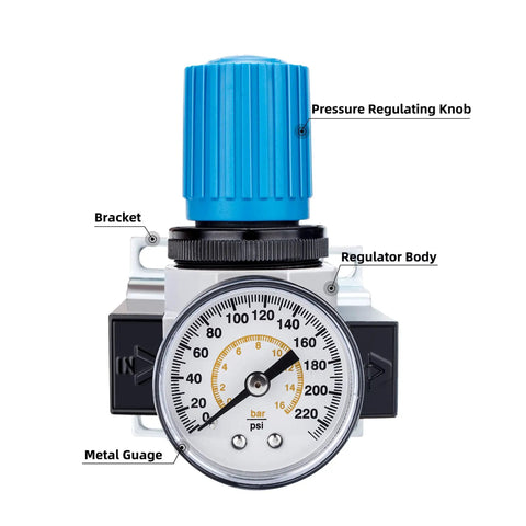 Three Eighths Inch NPT High Pressure Air Regulator With Steel Guarded Gauge, 116 SCFM At 230 PSI, front view with bracket