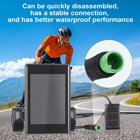 Waterproof Dope Electric Bike LCD Display Meter With 5 Pin Connector, control panel detail in scenic landscape