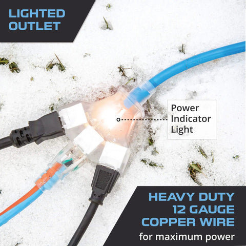 100 Ft All Weather Outdoor Indoor Extension Cord Built Tough Be The Go To Cord 12 3 SJEOW Lighted 3 Prong Cable in snow