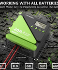 20A MPPT Solar Charge Controller with adjustable LCD and timer, dual USB ports for RV, boat, cabin, and off-grid rigs.