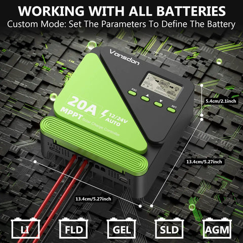 20A MPPT Solar Charge Controller with adjustable LCD and timer, dual USB ports for RV, boat, cabin, and off-grid rigs.