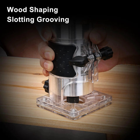 Compact Palm Router Kit For Woodworking With 800W 110V Electric Trimmer, Laminate Milling And Engraving, handheld view on wood panel