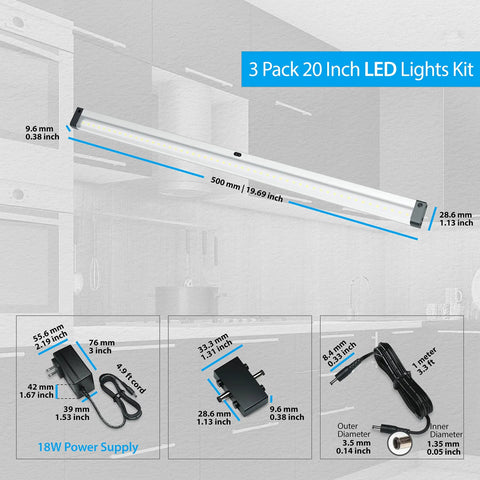 Wave On Wave Off Under Cabinet LED Lighting Kit with Dimmable 3 Pack 20 Inch Strips shown with dimensions and components