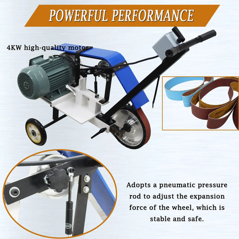 Heavy Duty Motorized Belt Sander Plus Adjustable Angle Polisher With Smooth Rolling Wheels For Fast Rust Removal And Badass Metal Buffing Jobs Around The Shop 220 Volt high-quality motor and adjustable pressure rod.
