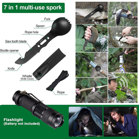 7 in 1 multi-use spork shown with functions labeled; part of 35 In 1 Survival Kit With First Aid Essentials For Camping And Outdoors.