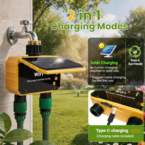 Solar Powered Smart Sprinkler Timer With WiFi For Garden Hose Dope Two Zone Irrigation System attached to outdoor faucet
