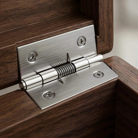 Close-up of 2 inch stainless steel spring hinge on wooden door frame, part of Set Of Four 2 Inch Stainless Steel Spring Hinges Self Closing.