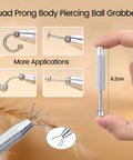 Pro Grade Piercing Tool Kit With Tapers Ball Grabber And Guides For 14G 16G 18G 20G Piercings, stainless steel ball grabber close-up