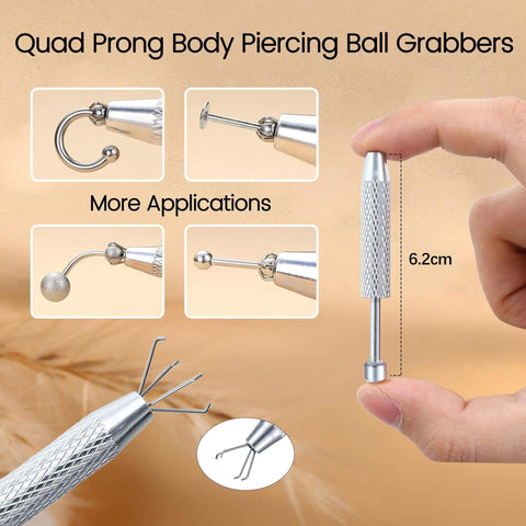 Pro Grade Piercing Tool Kit With Tapers Ball Grabber And Guides For 14G 16G 18G 20G Piercings, stainless steel ball grabber close-up