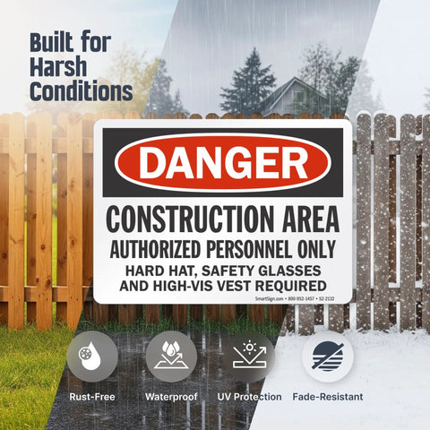 Heavy Duty Aluminum Danger Sign For Construction Area Locking Out Unauthorized Crews With Straight Up Rust Resistant Outdoor Wall Mounts For Any Day One Job Site Project, displayed on a rainy day.
