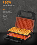 Reemix 3-In-1 Waffle Grill And Sandwich Maker Panini Press With 750W Power showcasing nonstick waffle plates heating evenly.