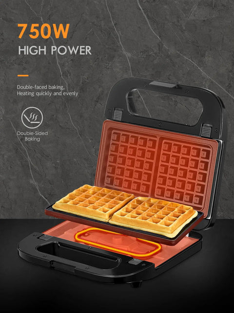 Reemix 3-In-1 Waffle Grill And Sandwich Maker Panini Press With 750W Power showcasing nonstick waffle plates heating evenly.