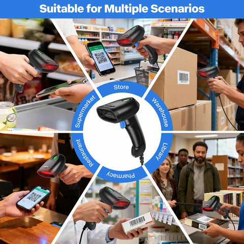 Handheld 1D 2D USB Barcode Scanner With Long Cable For POS And Mobile Payments Reads QR Codes at various locations