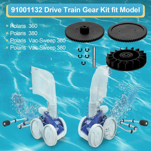 Drive Train Gear Kit For Polaris 360 And 380 Pool Cleaner With Bearing And Clips showing components and model compatibility