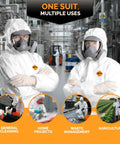 Heavy Duty White Disposable Coveralls For Industrial Work Delivers Tough As Nails Antistatic Defense With Tear Puncture Resistant Fabric worn by workers in a facility.