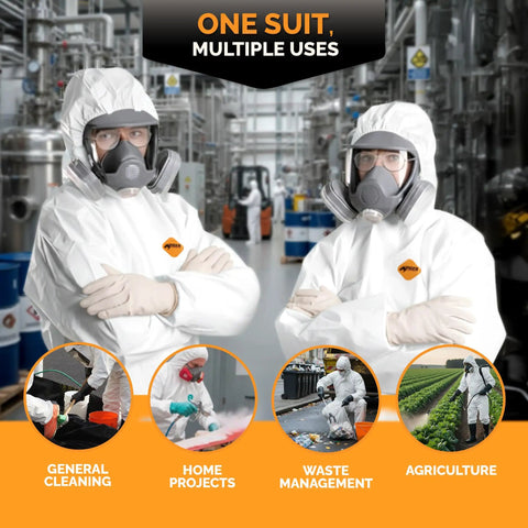 Heavy Duty White Disposable Coveralls For Industrial Work Delivers Tough As Nails Antistatic Defense With Tear Puncture Resistant Fabric worn by workers in a facility.