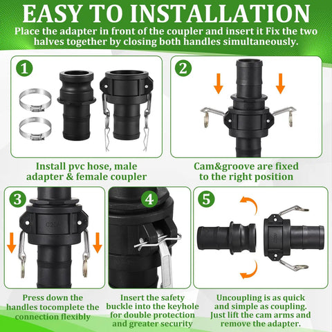 2 Pack Cam Lock Fittings Type C And E 2 Inch Cam And Groove Hose Fitting Kit With 2 Inch Female Coupling 2 Inch Male Adapter Gasket And Hose Clamps For Heavy Duty Industrial Use, installation steps
