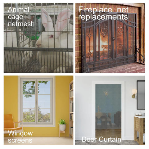 Collage showing animal cage netmesh, fireplace net replacements, window screens, and a door curtain.