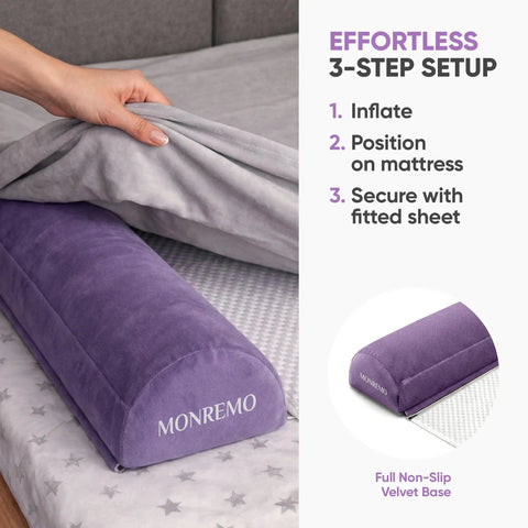 Inflatable Toddler Bed Rails 2 Pack Portable Travel Bed Bumpers with Non Slip Washable Covers in use on a star-patterned bed.