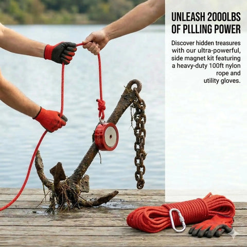 Heavy Duty 2000 Lb Double Sided Fishing Magnet Kit With 100 Ft Rope And Carabiner used to retrieve metal from water