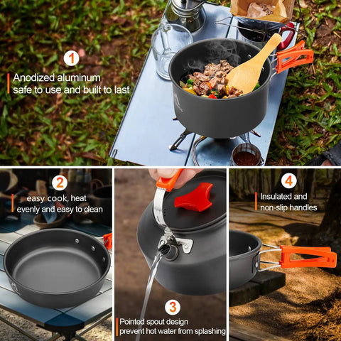 17 Piece Campout Friendly Camping Cookware Kit With Large Pot And Small Kettle Plus 7 Inch Frying Pan Includes 2 Cups 2 Plates 2 Sets Of Utensils For Hiking Backpacking Outdoor Cooking And Picnics featuring anodized aluminum cookware with orange handles on a camping table.