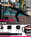 Woman using cable ankle straps for exercises in a gym, featuring heavy metal D-rings, durable nylon, and soft neoprene padding.