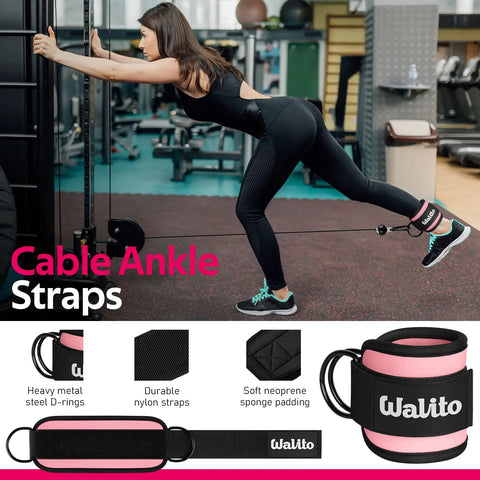 Woman using cable ankle straps for exercises in a gym, featuring heavy metal D-rings, durable nylon, and soft neoprene padding.