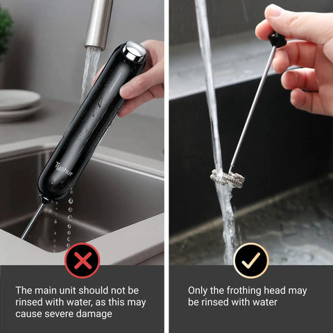 Milk Frother With Variable Speed Rechargeable Wand Detachable Double Whisk Handheld Electric Stirrer being rinsed under water