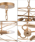 Close-up of gold metal openwork design in Gold Drum Chandelier 3 Light Modern Fixture for Dining Room Living Room Bedroom Kitchen and Bathroom