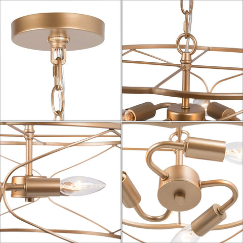 Close-up of gold metal openwork design in Gold Drum Chandelier 3 Light Modern Fixture for Dining Room Living Room Bedroom Kitchen and Bathroom