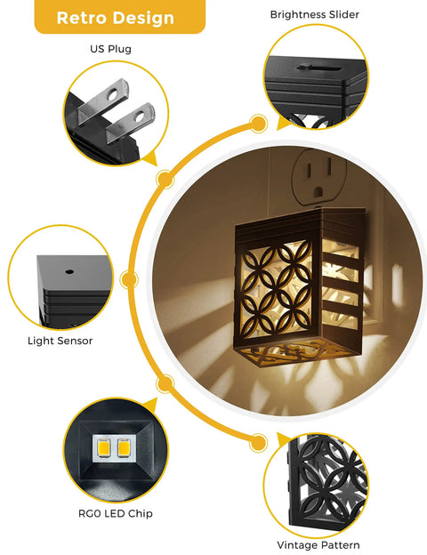 Dusk To Dawn LED Night Light with dimmable vintage glow, soft white 3000K, black frame, decorative pattern and US plug details