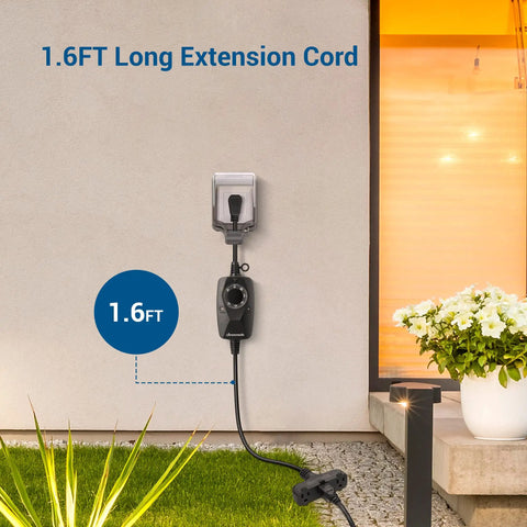 Hella Durable Outdoor Light Timer With Built In Photo Sensor And Two Foot Extension Cord For Dusk To Dawn Auto Shutoff Weatherproof Plug And Play Schedule Control, showing a 1.6FT long extension cord.