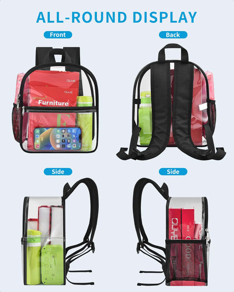 Clear Stadium Bag 12 By 12 By 6 Inches With Reinforced Wider Shoulder Straps For Easy Security Checks, front and side view.