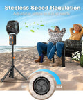 Portable Camping Fan With Adjustable Height Stand 20000mAh Rechargeable Battery Remote LED Light Auto Oscillation on beach