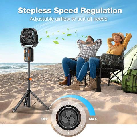 Portable Camping Fan With Adjustable Height Stand 20000mAh Rechargeable Battery Remote LED Light Auto Oscillation on beach