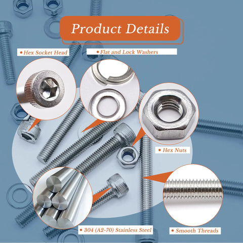 Ultimate 796 Piece M3 Screw Set With DIN912 Hex Socket Screws, 200 Nuts, 200 Lock Washers, And 200 Flat Washers For Pro DIY, Industrial Repairs, And Prototyping; 304 stainless steel M3 screws, nuts, washers