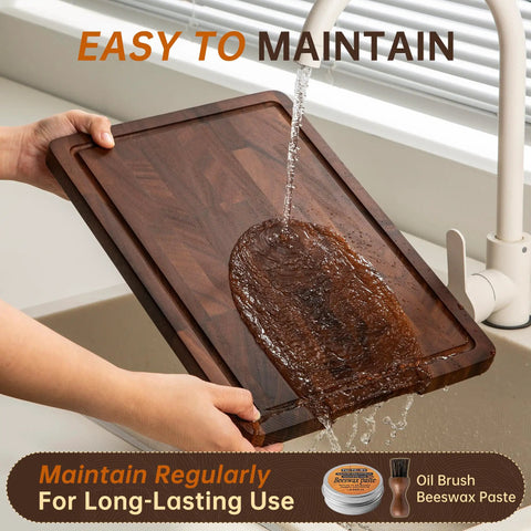 Heavy Duty End Grain Walnut Cutting Board Set Premium Wood Chopping Block For Kitchen Cooking Food Prep, washing under faucet.