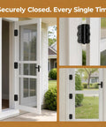 Tough As Nails Black Self Closing Screen Door Hinge Set 2-3/4 Spring Steel Hinges With Auto Close Action Includes Adjustment Tool Screws And No Sweat Setup, detailed view of hinges on a screen door.