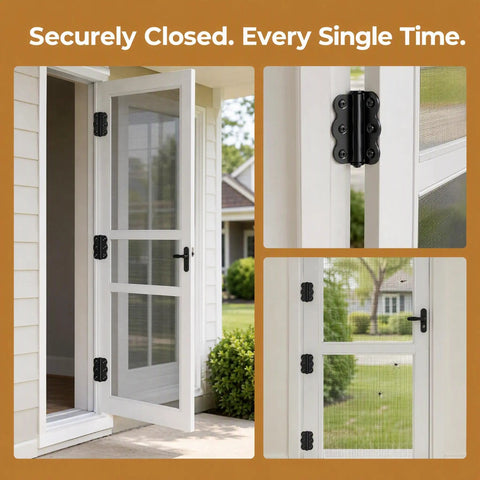 Tough As Nails Black Self Closing Screen Door Hinge Set 2-3/4 Spring Steel Hinges With Auto Close Action Includes Adjustment Tool Screws And No Sweat Setup, detailed view of hinges on a screen door.