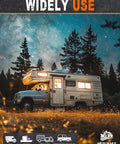 Motorhome camper van parked in forest setting, showcasing versatile use for Trailer Hitch Extender With 7 Inch Length Fits 2 Inch Receiver Tube 5000 Lbs GTW Includes Five Eighth Inch Pin And Clip Compatible With Class III And IV Hitches For SUVs Trucks And RVs.
