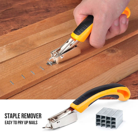 Hand using staple remover from Electric Stapler And Nail Gun Kit For DIY Projects And Upholstery Corded 120V