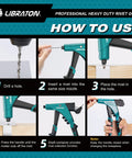 Libraton Heavy Duty Pop Rivet Gun One Handed for Aluminum Alloy: step-by-step instructions on using the tool for fastening.