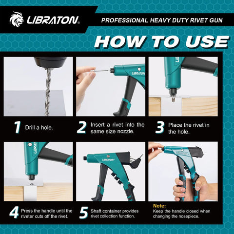 Libraton Heavy Duty Pop Rivet Gun One Handed for Aluminum Alloy: step-by-step instructions on using the tool for fastening.