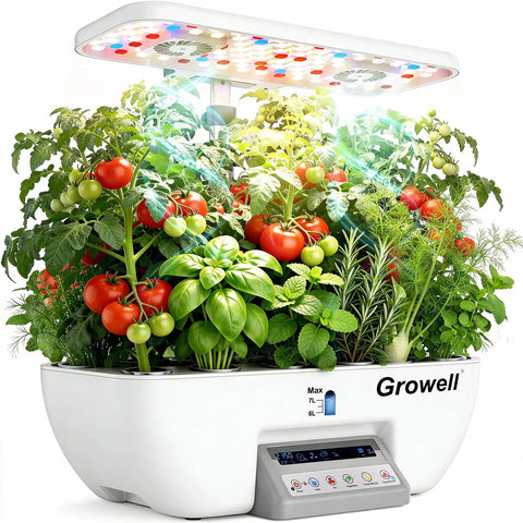 Indoor Hydroponics Growing System Kit With 17 Pod Garden, featuring full spectrum grow light and dual fan circulation on a counter