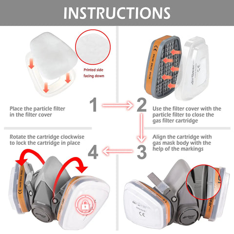 Instructions for assembling F-500 Pro Grade Organic Gas Cartridge With Carbon Filters for Reusable Respirator Gas Mask Compatible With G-500 M-500 And G-750.