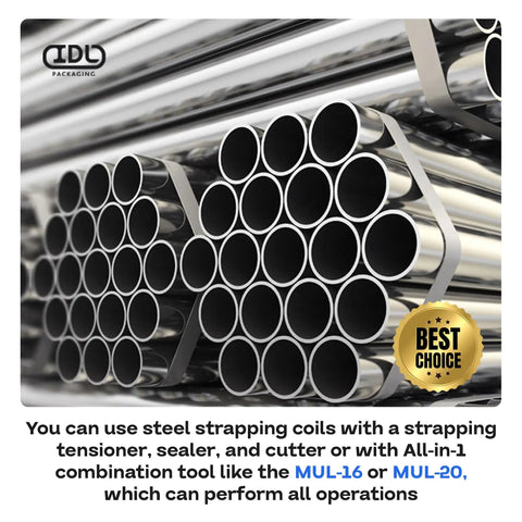 Beefed-Up Heavy Duty Steel Strapping Kit With 3/4 Inch By 300 Foot Coil, 1700 Lbs Break Strength in packaging display
