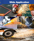 27 Pack Four And A Half Inch Angle Grinder Wheel Kit For Metals And Stainless Steel With Seven Eighths Inch Arbor Includes Twenty Cutting Wheels Three Grinding Discs Four Zirconia Flap Discs Great For Home DIY And Pro Metalwork in action with sparks during cutting and grinding.
