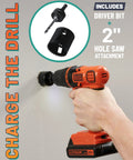 Person using a Black & Decker drill with a 2-inch hole saw attachment to drill into a wall, includes driver bit.